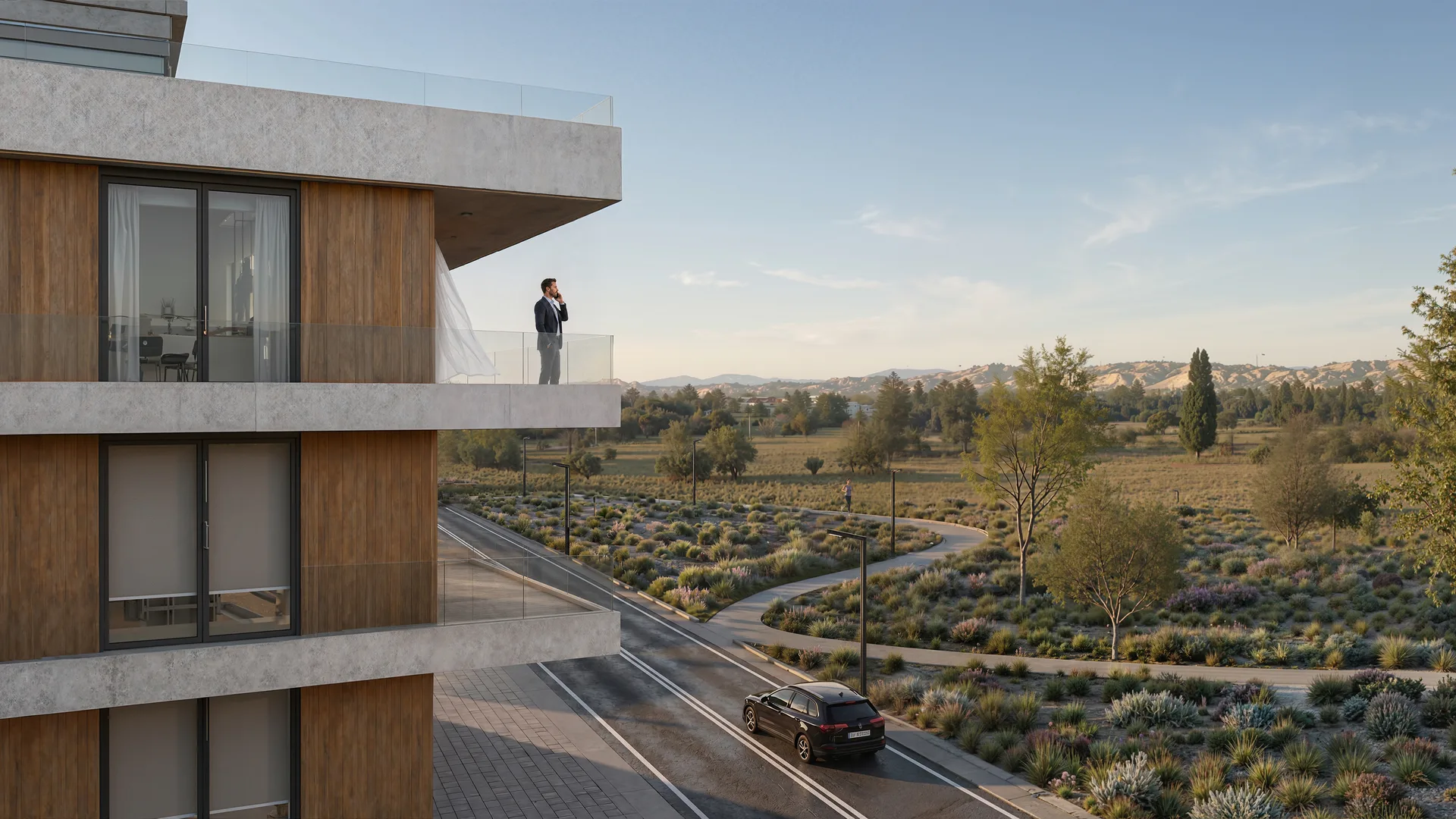 Cinematic frame of Vistas del Valle with masterplan, road, cyclists, retail base and arid Neuquén landscape