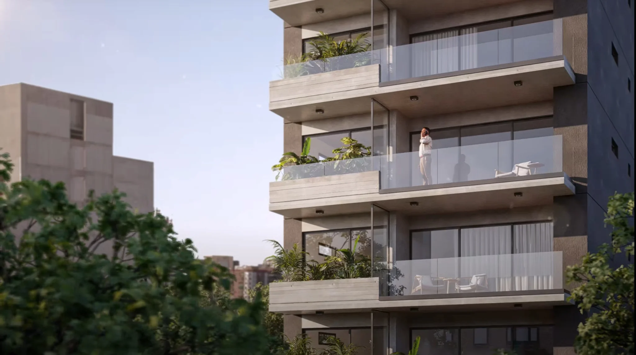 Cinematic frame of a Núñez building with balconies, residential interiors, grill terrace and elevated pool