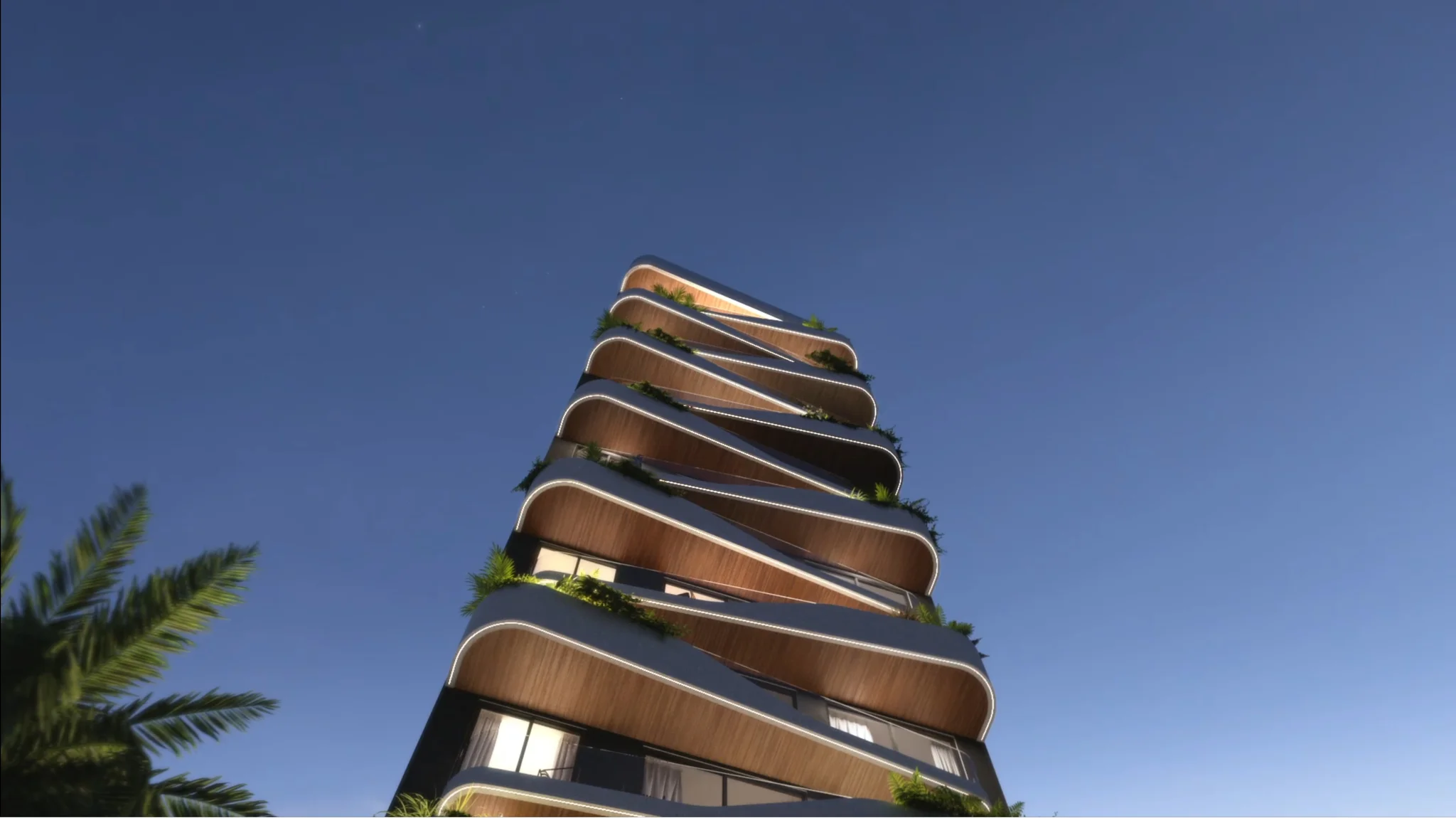 Cinematic frame of a pre-construction building in La Plata with residential facade, interiors, kitchen, bedroom and night pool