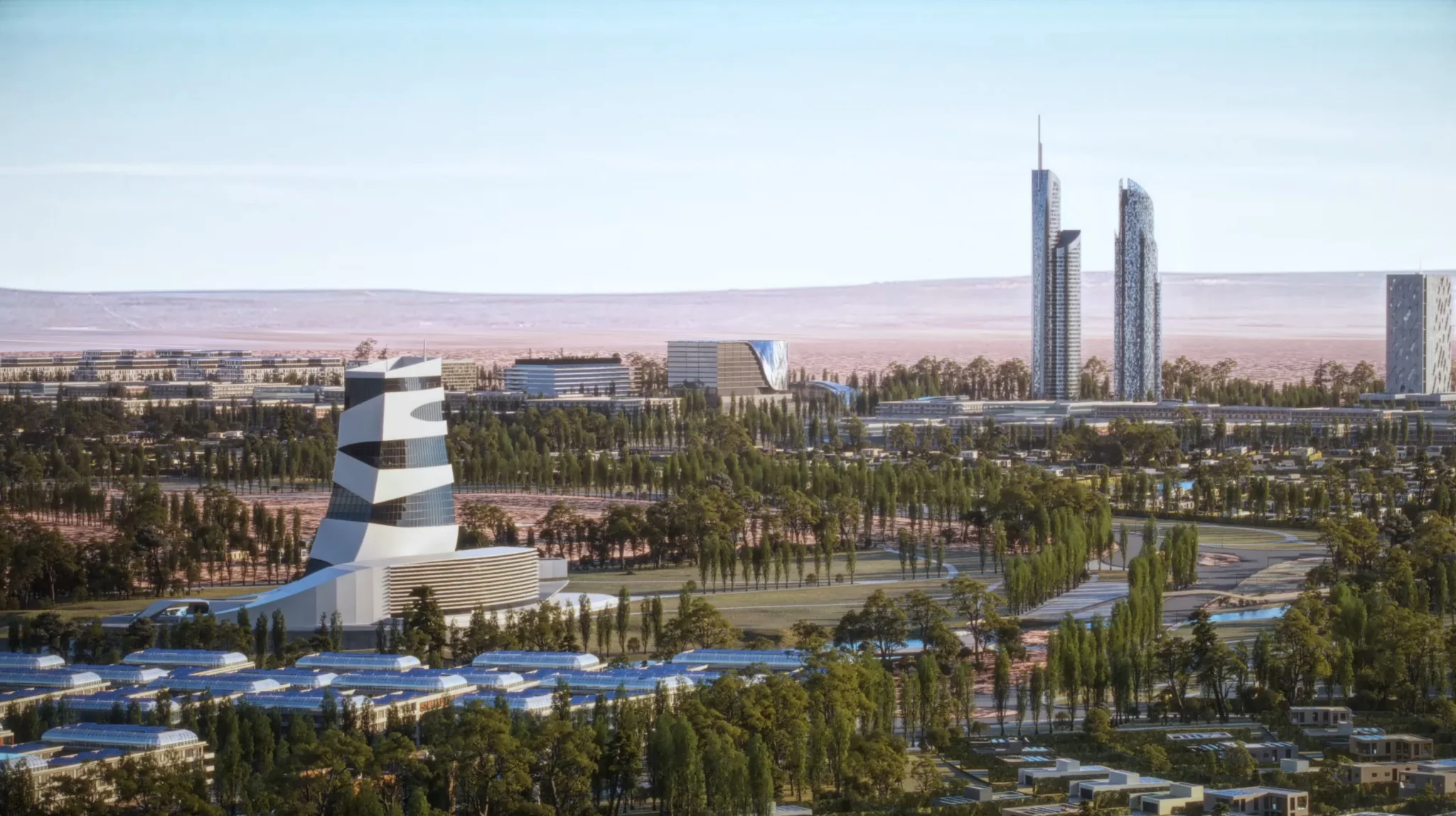 Cinematic frame of a Lake Mari Menuco masterplan with marina, boardwalks, towers, waterfront and water sports
