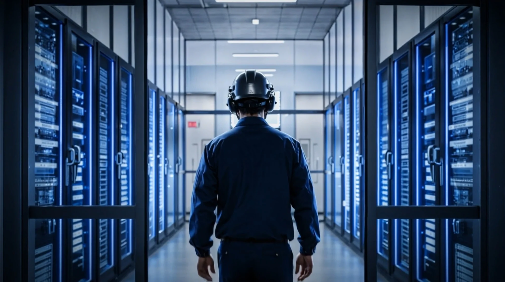 Cinematic frame of Araico datacenter with technical campus, electrical rooms, server racks and AI-oriented operation
